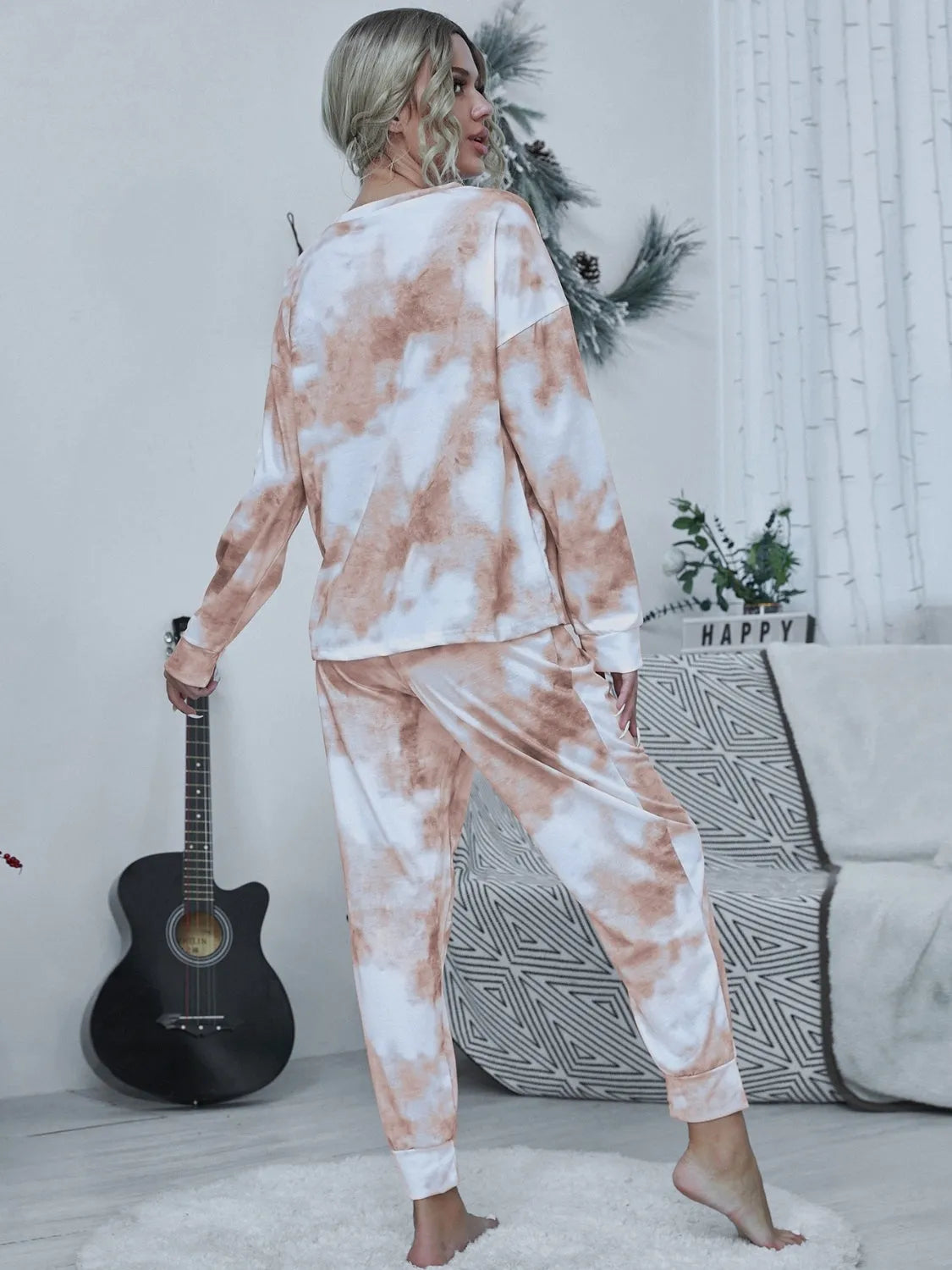 Tie-dye Round Neck Top and Drawstring Pants Lounge Set Loungewear Sets - Tophatter Daily Deals