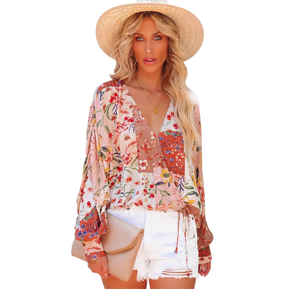 Spring And Summer Floral V-neck Long Sleeve Loose Casual Shirt Picture Color Humidifier - Tophatter Daily Deals