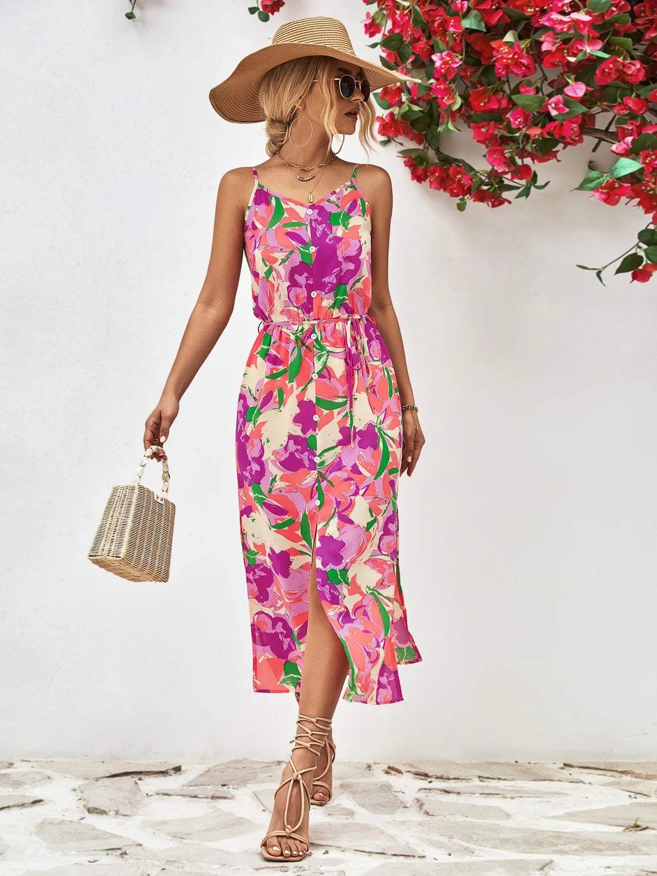 Printed Spaghetti Strap Front Slit Dress Casual Dresses - Tophatter Daily Deals