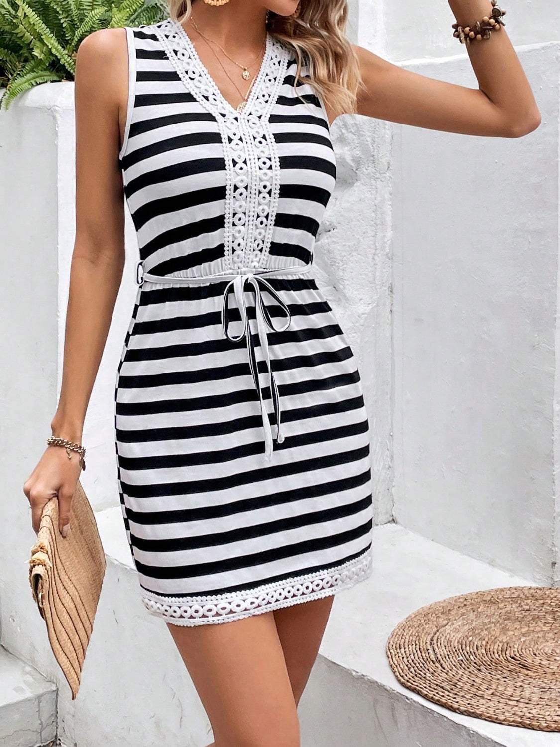 Tied Striped V-Neck Sleeveless Mini Dress Casual Dresses - Tophatter Daily Deals