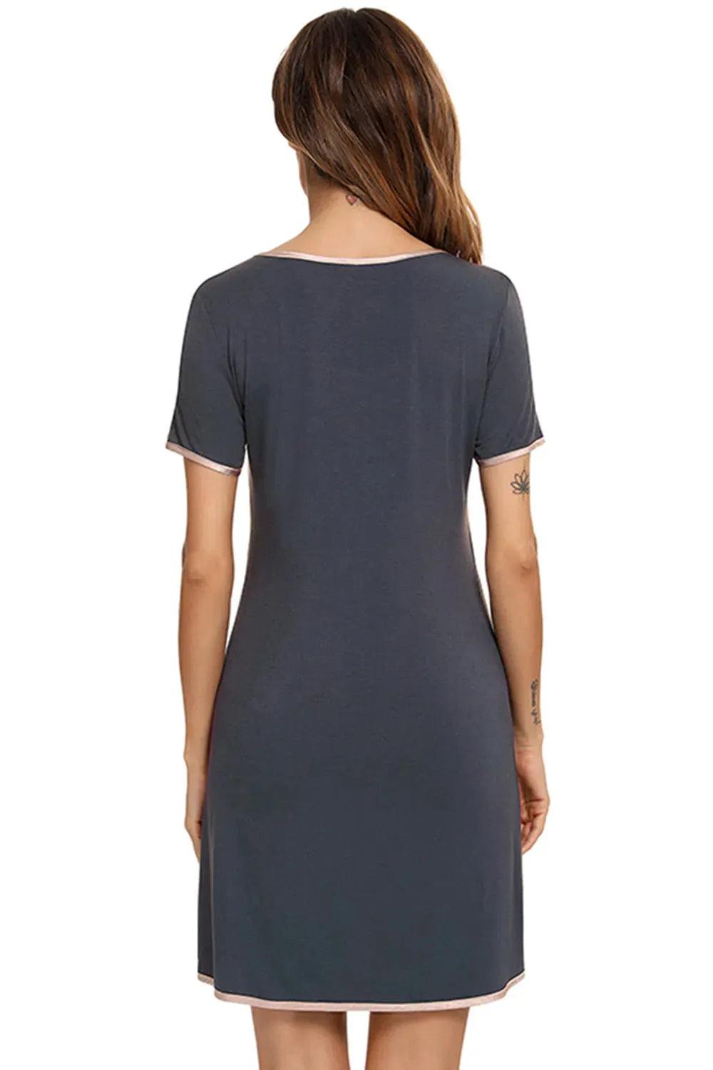 Contrast Trim Pocketed Round Neck Lounge Dress Sleep Dresses - Tophatter Daily Deals