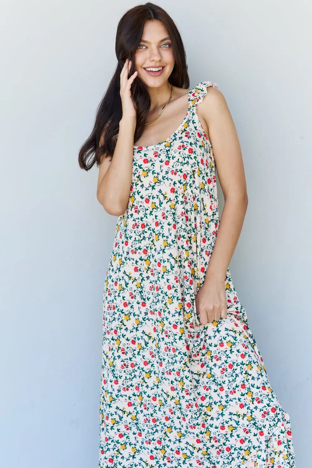 Doublju In The Garden Ruffle Floral Maxi Dress in Natural Rose Casual Dresses - Tophatter Daily Deals