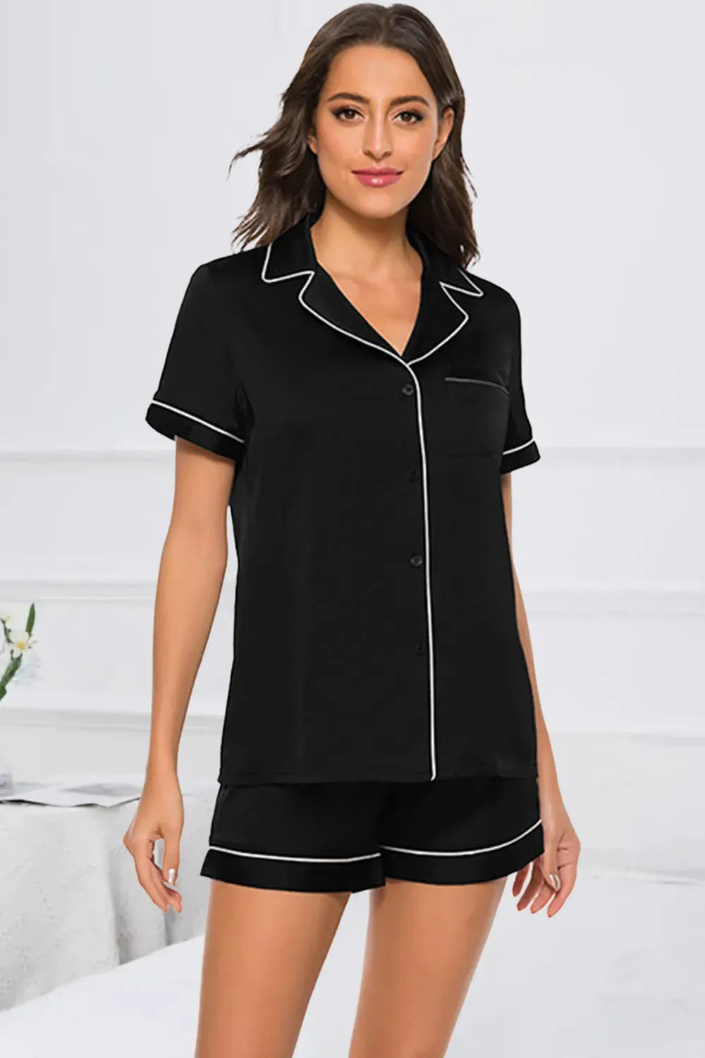 Printed Button Up Short Sleeve Top and Shorts Lounge Set Black Loungewear Sets - Tophatter Daily Deals