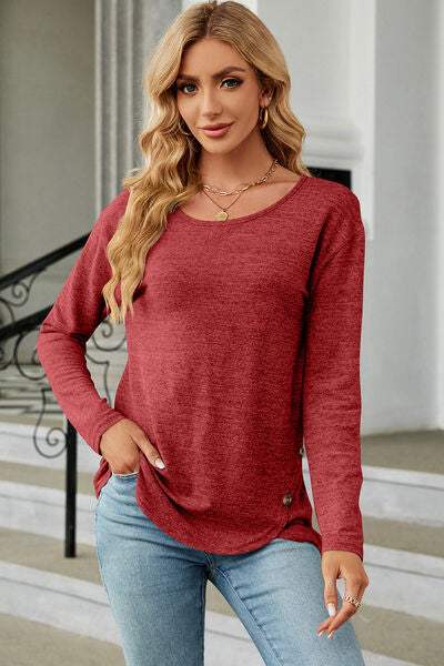 Round Neck Long Sleeve T-Shirt Brick Red Women's T-Shirts - Tophatter Daily Deals