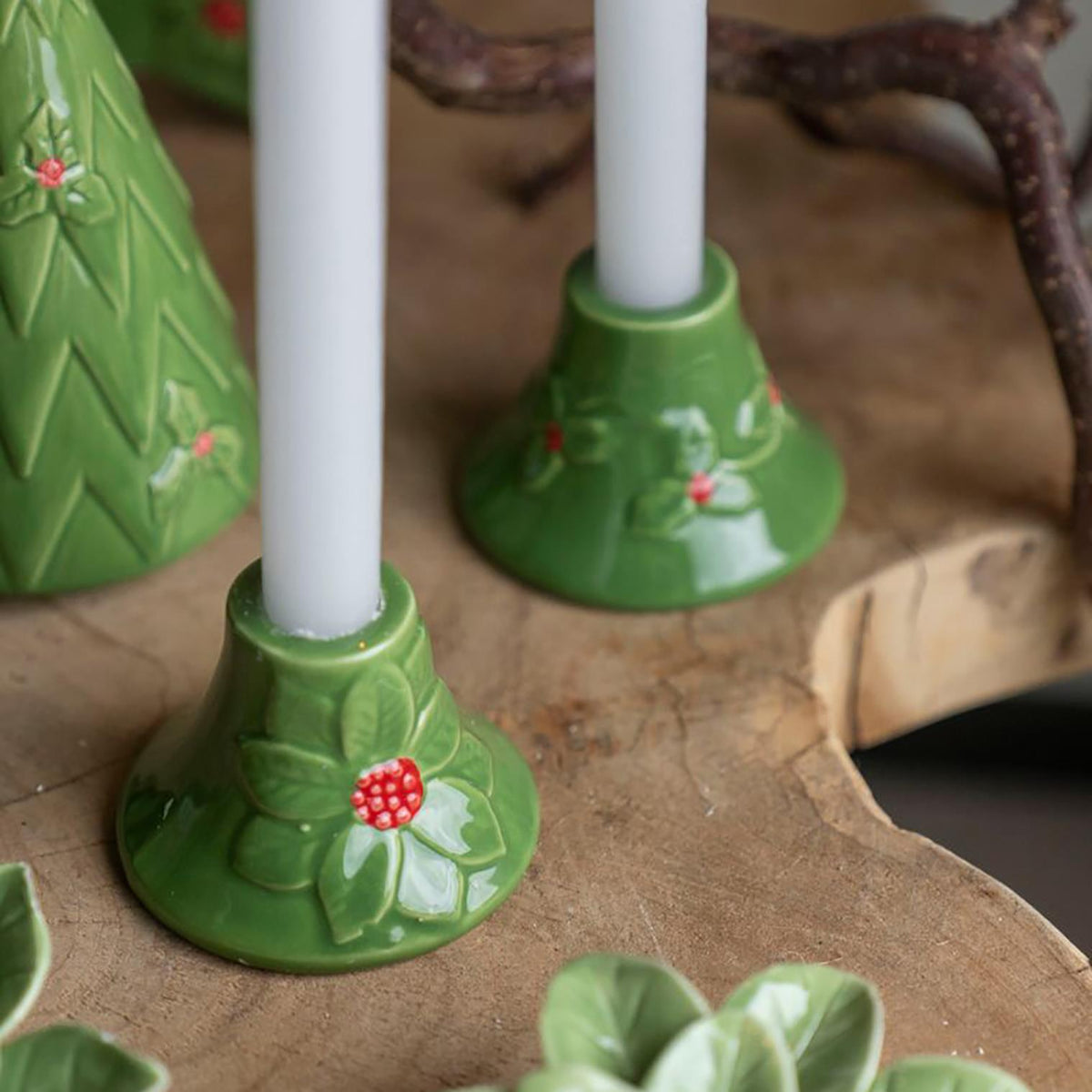 Set of 2 Green Ceramic Christmas Candlesticks | Holly and Berry Candle Holders Candle Holder - Tophatter Daily Deals