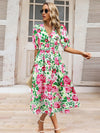 Ruched Printed Surplice Short Sleeve Dress Carnation Pink Casual Dresses - Tophatter Daily Deals