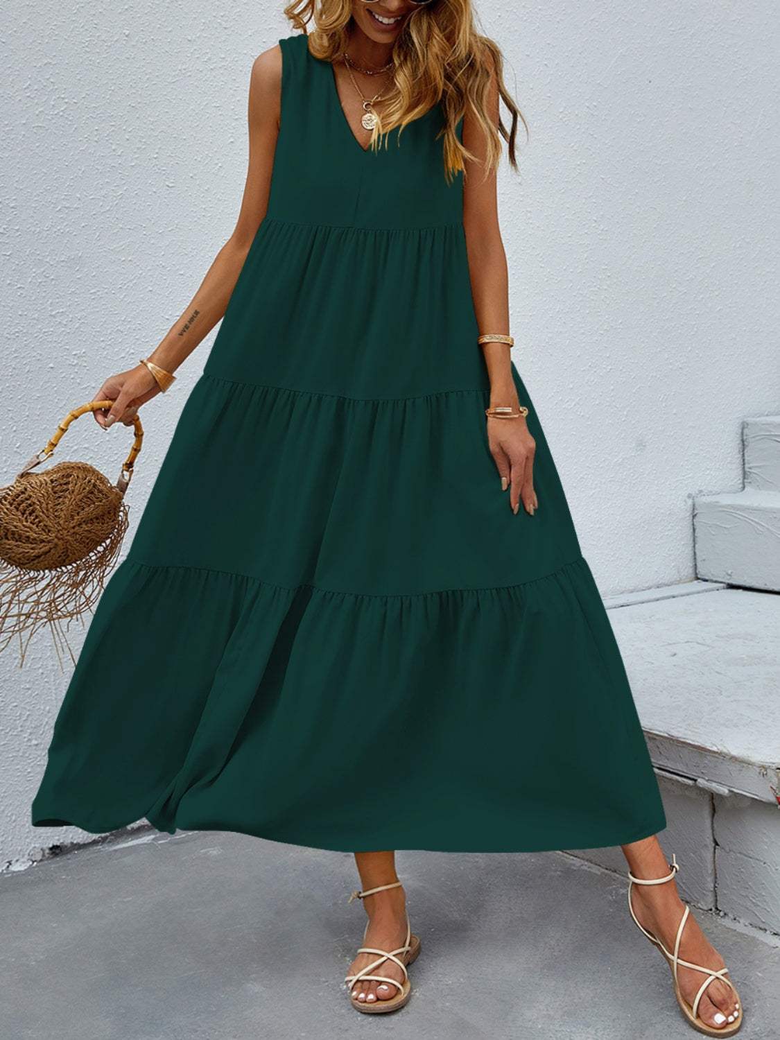 Tiered V-Neck Sleeve Dress Green Casual Dresses - Tophatter Daily Deals