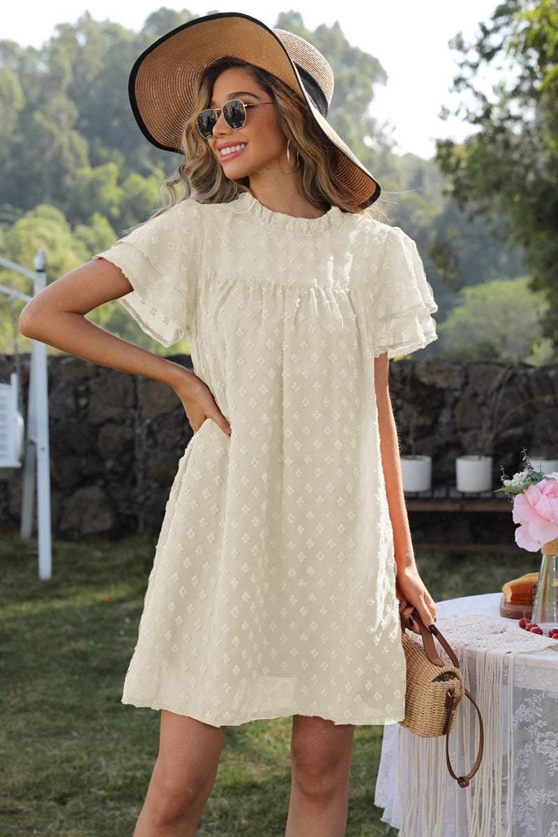 Swiss Dot Round Neck Flutter Sleeve Dress Cream Casual Dresses - Tophatter Daily Deals