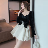 Back Puff Sleeve Stitching Gold Velvet Dress 0 - Tophatter Daily Deals