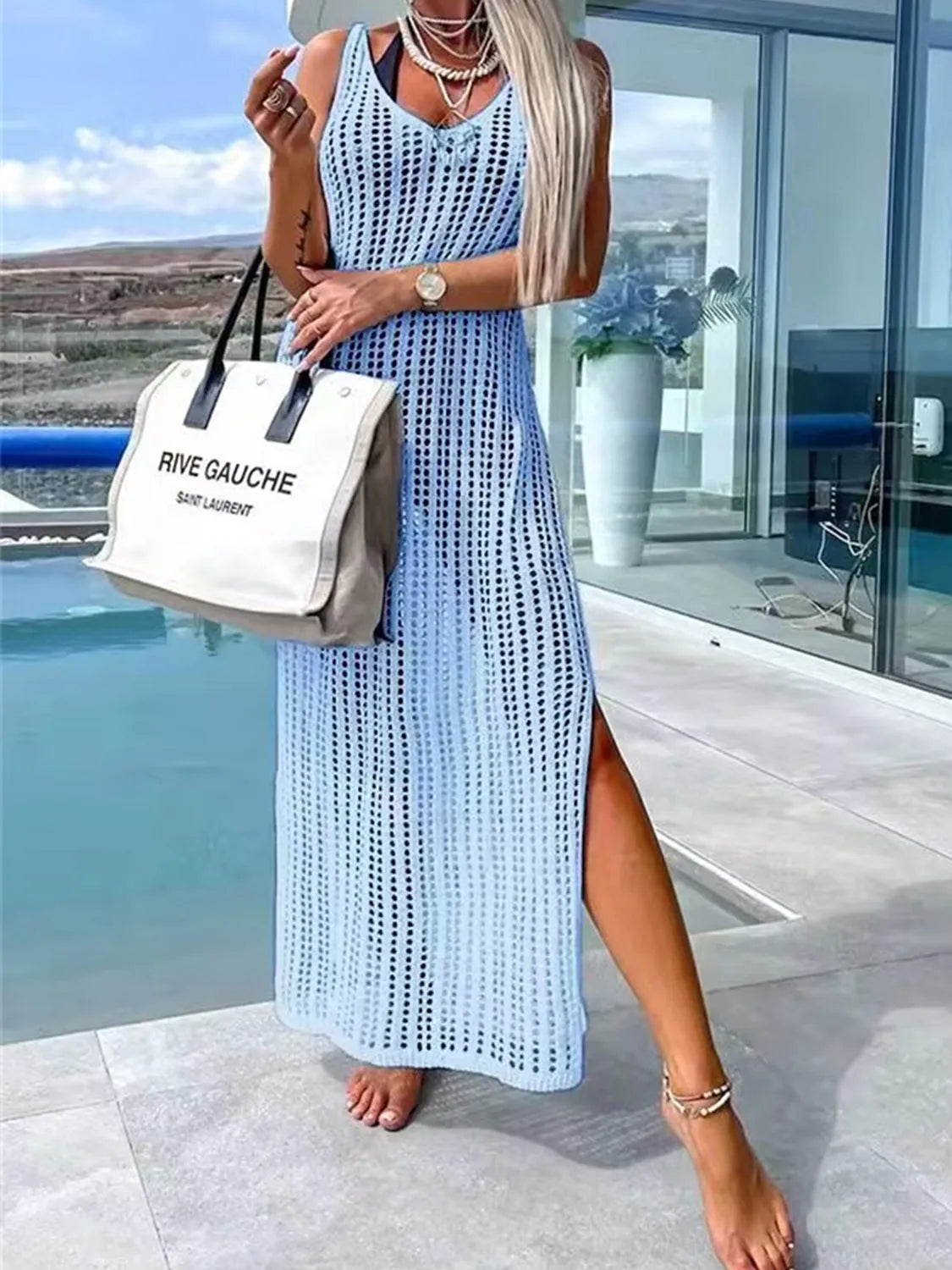 Openwork Slit Cutout Wide Strap Dress Pastel Blue Casual Dresses - Tophatter Daily Deals