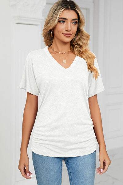 Ruched V-Neck Short Sleeve T-Shirt White Women's T-Shirts - Tophatter Daily Deals