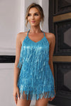 Halter Neck Backless Fringe Dress Sky Blue Cocktail Dresses - Tophatter Daily Deals