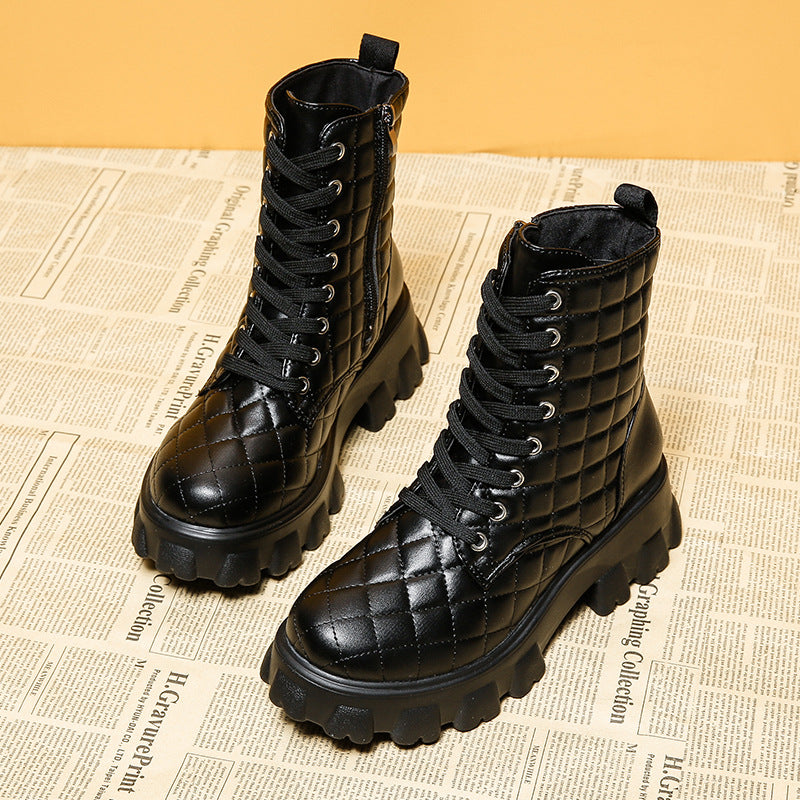 Autumn And Winter Lace Up Plus Size Handsome Thick Soled Motorcycle Boots Black 0 - Tophatter Daily Deals