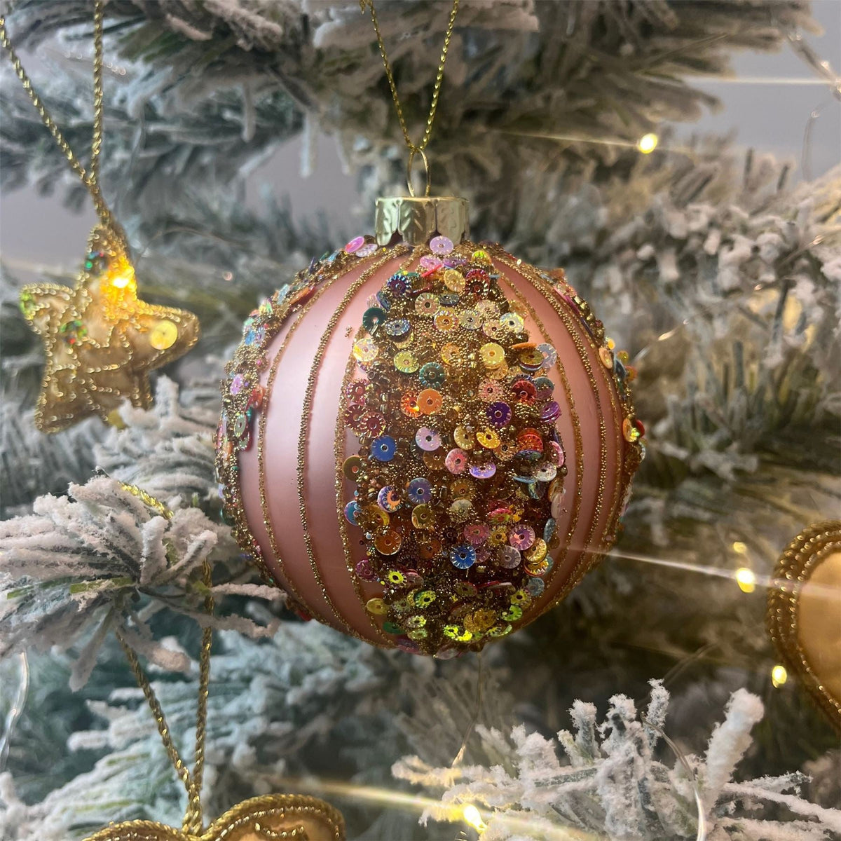 Matt Pink Bauble with Sequins | Luxury Christmas Tree Hanging Ornament - 8cm Baubles - Tophatter Daily Deals
