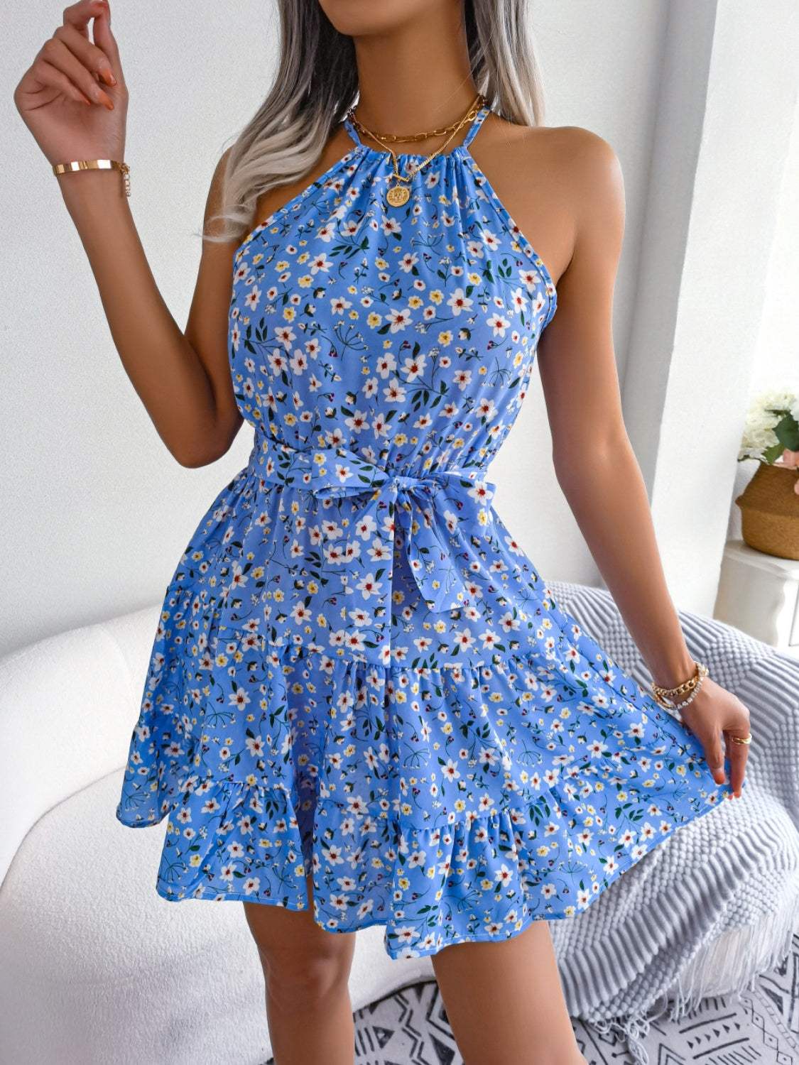 Tied Printed Grecian Neck Mini Dress Casual Dresses - Tophatter Daily Deals