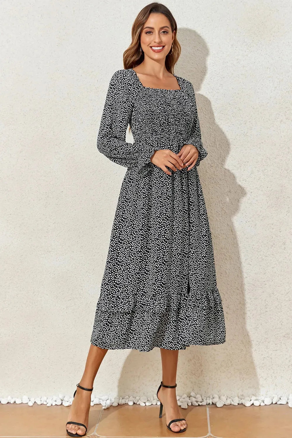 Printed Square Neck Long Sleeve Midi Dress Casual Dresses - Tophatter Daily Deals