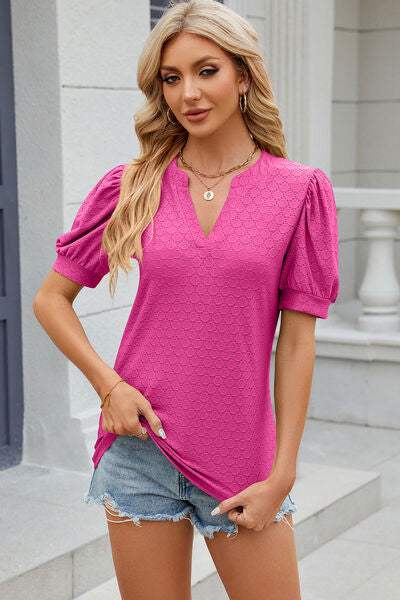 Eyelet Notched Puff Sleeve T-Shirt Hot Pink Women's T-Shirts - Tophatter Daily Deals