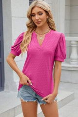 Eyelet Notched Puff Sleeve T-Shirt Hot Pink Women's T-Shirts - Tophatter Daily Deals