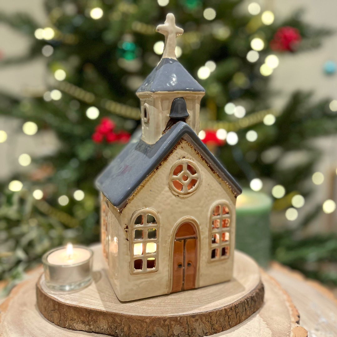 Village Church Tealight Candle Holder | Rustic Pottery Chapel Tea Light Ornament Candle Holder - Tophatter Daily Deals