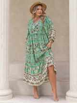 Plus Size Floral V-Neck Balloon Sleeve Midi Dress Casual Dresses - Tophatter Daily Deals