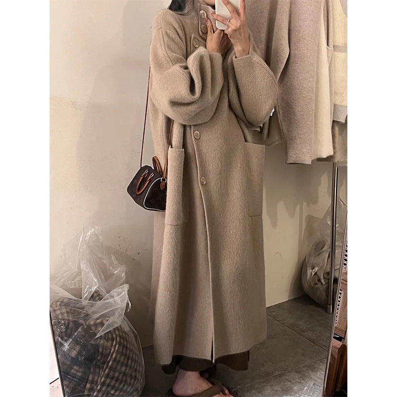 Warm Cozy Womens Wool Midlength Overcoat - Turtleneck Knit Khaki Free Size 3D Changing Face Moving Picture Frame - Tophatter Daily Deals