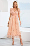 Sequin Leaf Embroidery Tie Front Short Sleeve Dress Cocktail Dresses - Tophatter Daily Deals