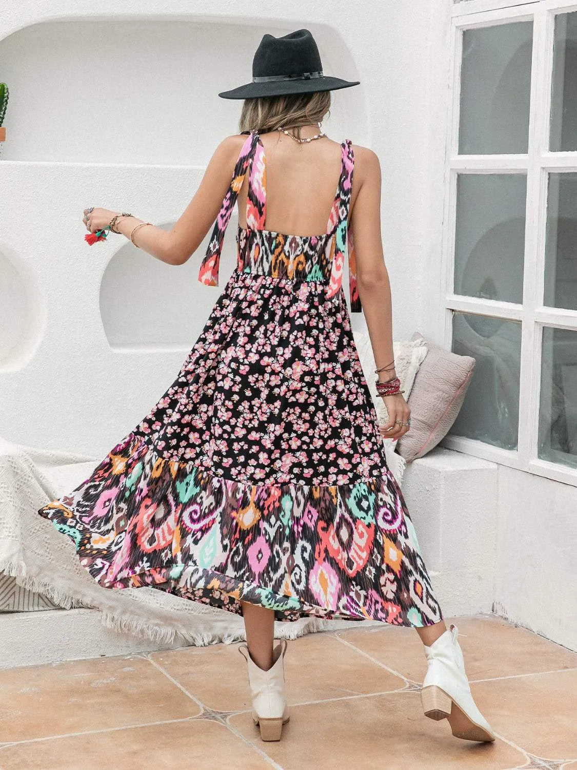 Printed Plunge Sleeveless Midi Dress Casual Dresses - Tophatter Daily Deals