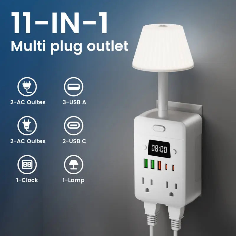 11-in-1 Multifunctional Power Strip with Desk Lamp, Clock, USB Ports & Surge Protection White Electronics - Tophatter Daily Deals