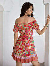 Printed Short Sleeve Tie Waist Mini Dress Casual Dresses - Tophatter Daily Deals
