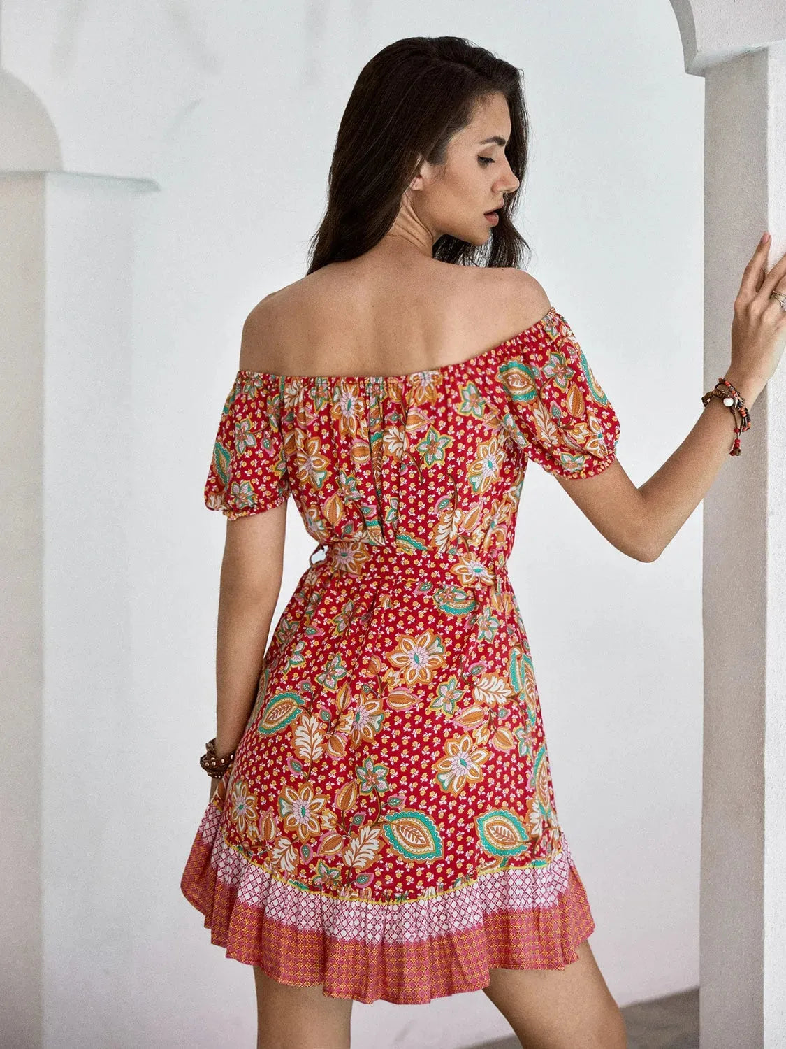 Printed Short Sleeve Tie Waist Mini Dress Casual Dresses - Tophatter Daily Deals
