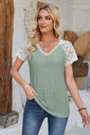 Eyelet V-Neck Lace Short Sleeve T-Shirt Sage Women's T-Shirts - Tophatter Daily Deals