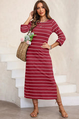 Slit Striped Round Neck Midi Dress Casual Dresses - Tophatter Daily Deals