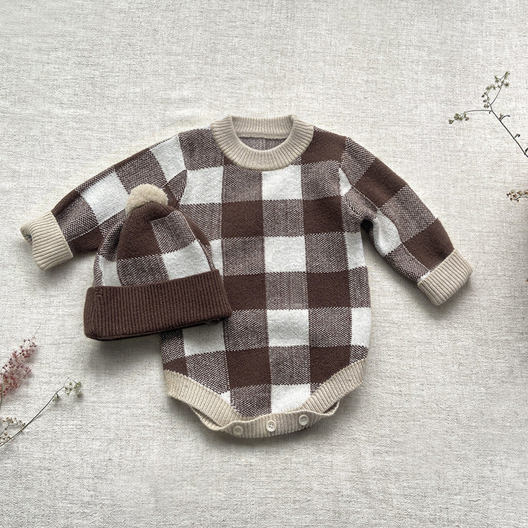 Baby Winter Checkerboard One-piece Newborn Winter Sweater Coffee 0 - Tophatter Daily Deals