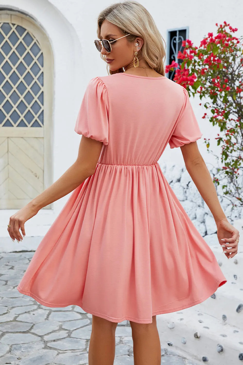 V-Neck Balloon Short Sleeve Dress Casual Dresses - Tophatter Daily Deals