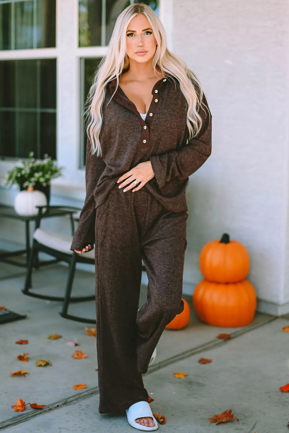 Brown Ribbed Knit Collared Henley Top and Pants Lounge Outfit Loungewear & Sleepwear/Loungewear - Tophatter Daily Deals