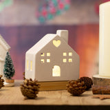 White Ceramic LED Christmas House Ornament On Bamboo Base | Light up Decoration Ornament - Tophatter Daily Deals