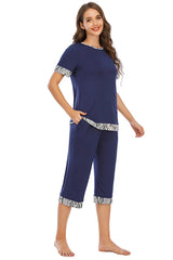 Round Neck Short Sleeve Top and Capris Pants Lounge Set Loungewear Sets - Tophatter Daily Deals