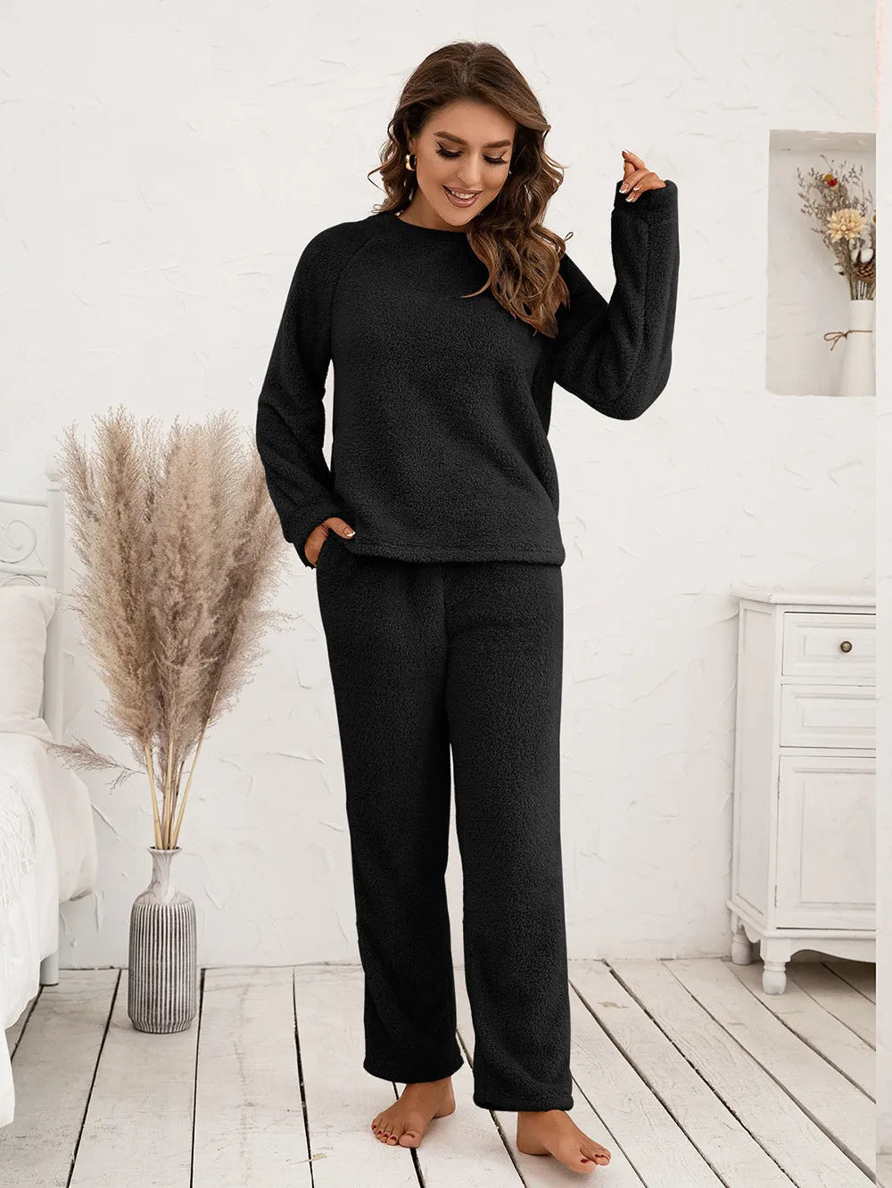 Teddy Long Sleeve Top and Pants Lounge Set Black Loungewear Sets - Tophatter Daily Deals