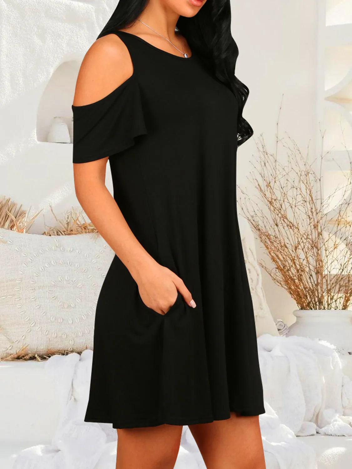 Round Neck Cold Shoulder Short Sleeve Dress Casual Dresses - Tophatter Daily Deals