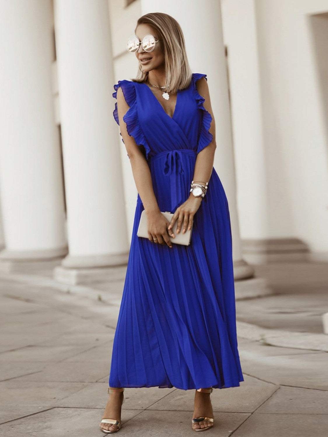 Tied Surplice Cap Sleeve Pleated Dress Cobald Blue Casual Dresses - Tophatter Daily Deals