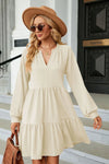 Notched Neck Long Sleeve Mini Dress Cream Casual Dresses - Tophatter Daily Deals