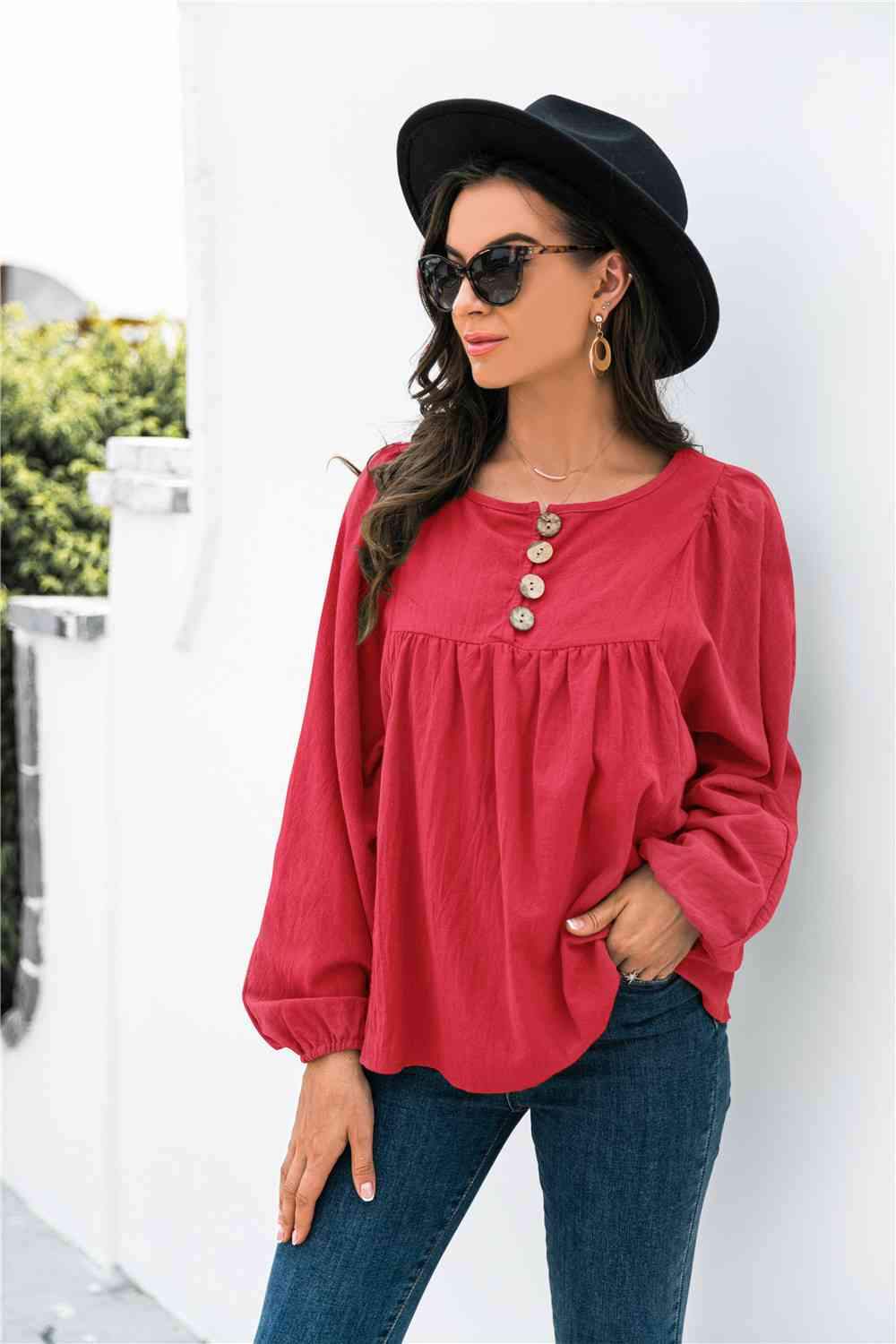 Button Up Balloon Sleeve Blouse Red Blouses - Tophatter Daily Deals