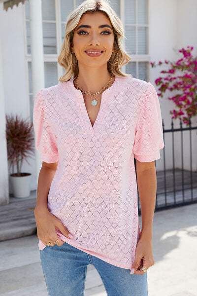 Eyelet Notched Puff Sleeve T-Shirt Blush Pink Women's T-Shirts - Tophatter Daily Deals