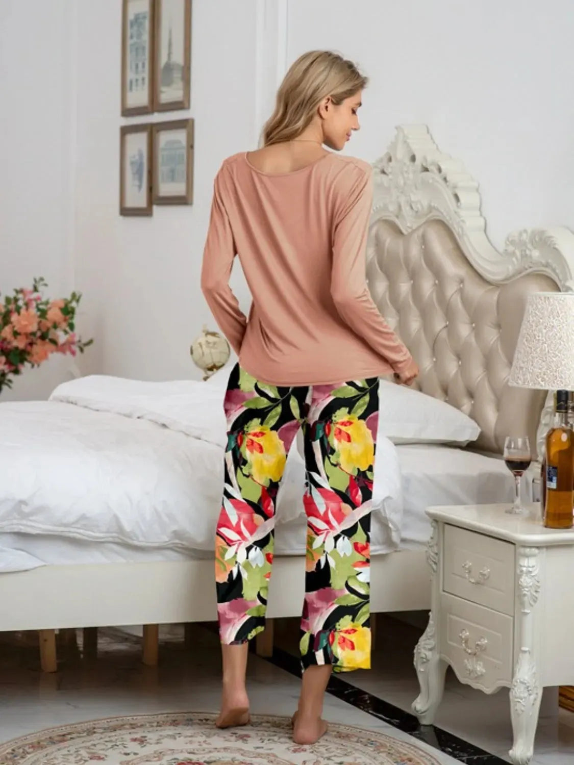 Round Neck Top and Printed Pants Lounge Set Loungewear Sets - Tophatter Daily Deals