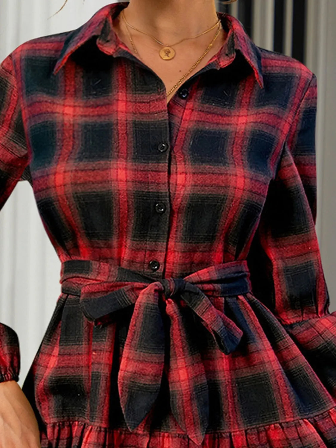 FAM-FAM Tied Plaid Long Sleeve Mini Dress Casual Dresses - Tophatter Daily Deals