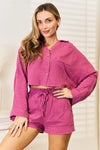 Basic Bae Buttoned Long Sleeve Top and Shorts Set Fuchsia Loungewear Sets - Tophatter Daily Deals