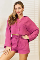 Basic Bae Buttoned Long Sleeve Top and Shorts Set Fuchsia Loungewear Sets - Tophatter Daily Deals
