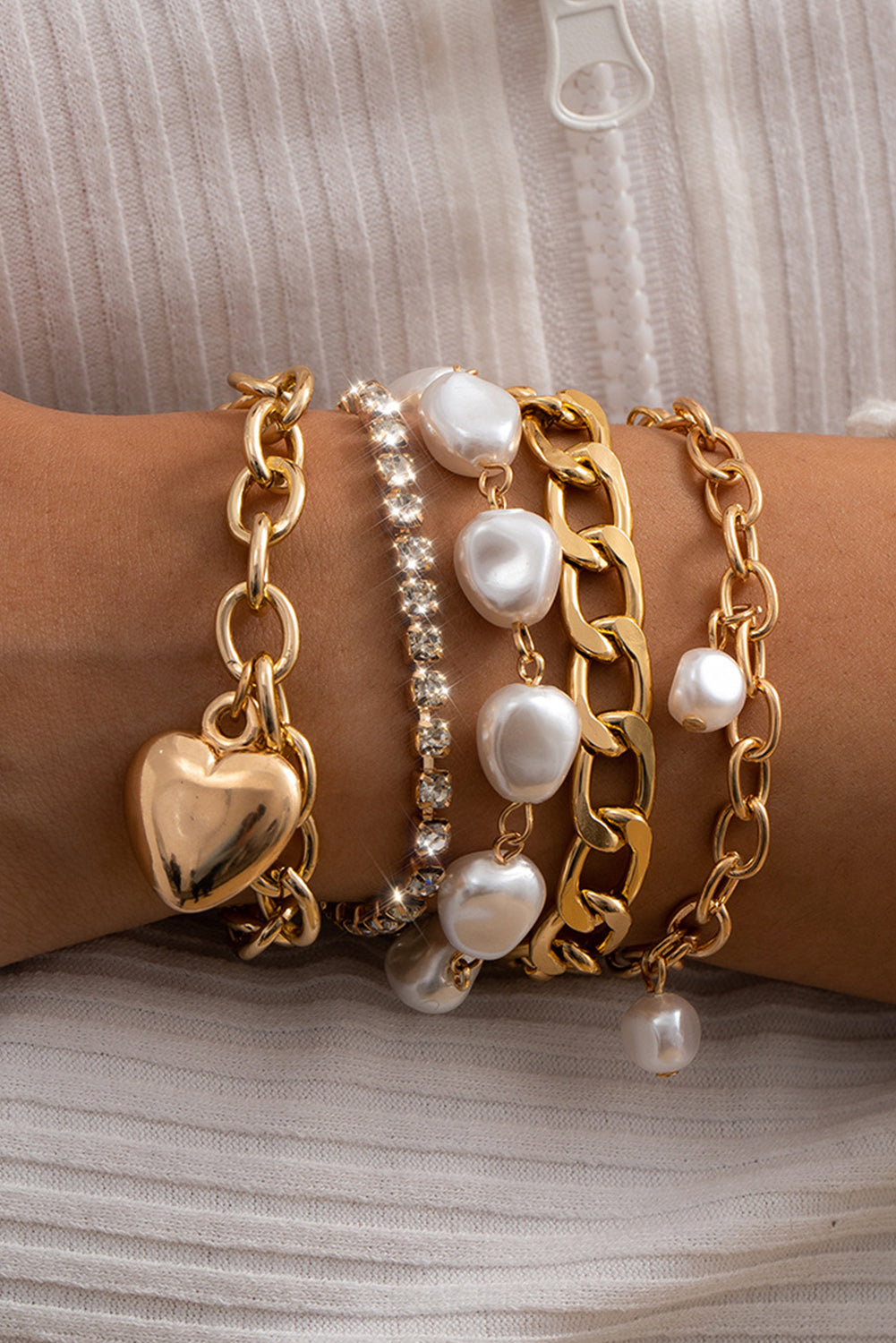 Gold 5Pcs Pearl Heart Diamond Bracelet Set Bracelets - Tophatter Daily Deals