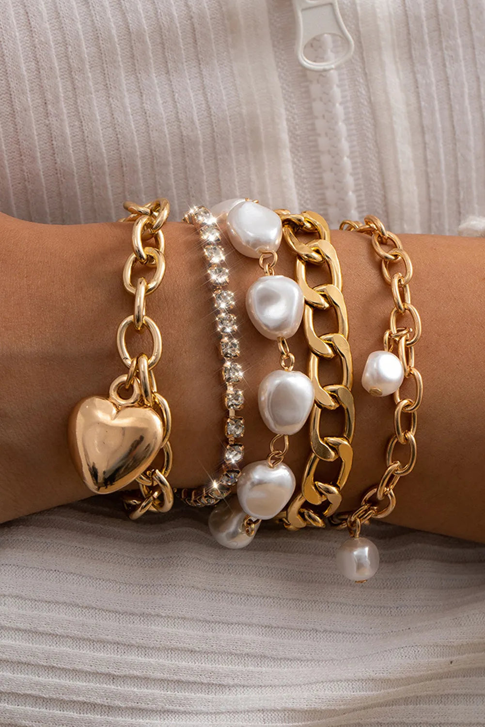 Gold 5Pcs Pearl Heart Diamond Bracelet Set Bracelets - Tophatter Daily Deals