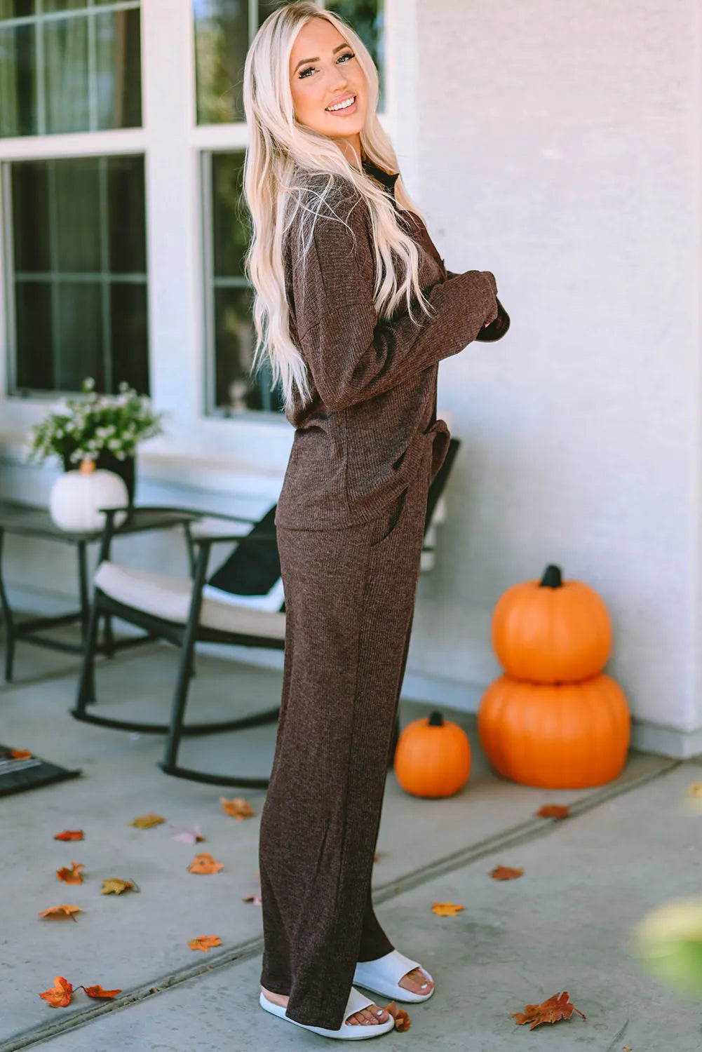 Brown Ribbed Knit Collared Henley Top and Pants Lounge Outfit Loungewear & Sleepwear/Loungewear - Tophatter Daily Deals